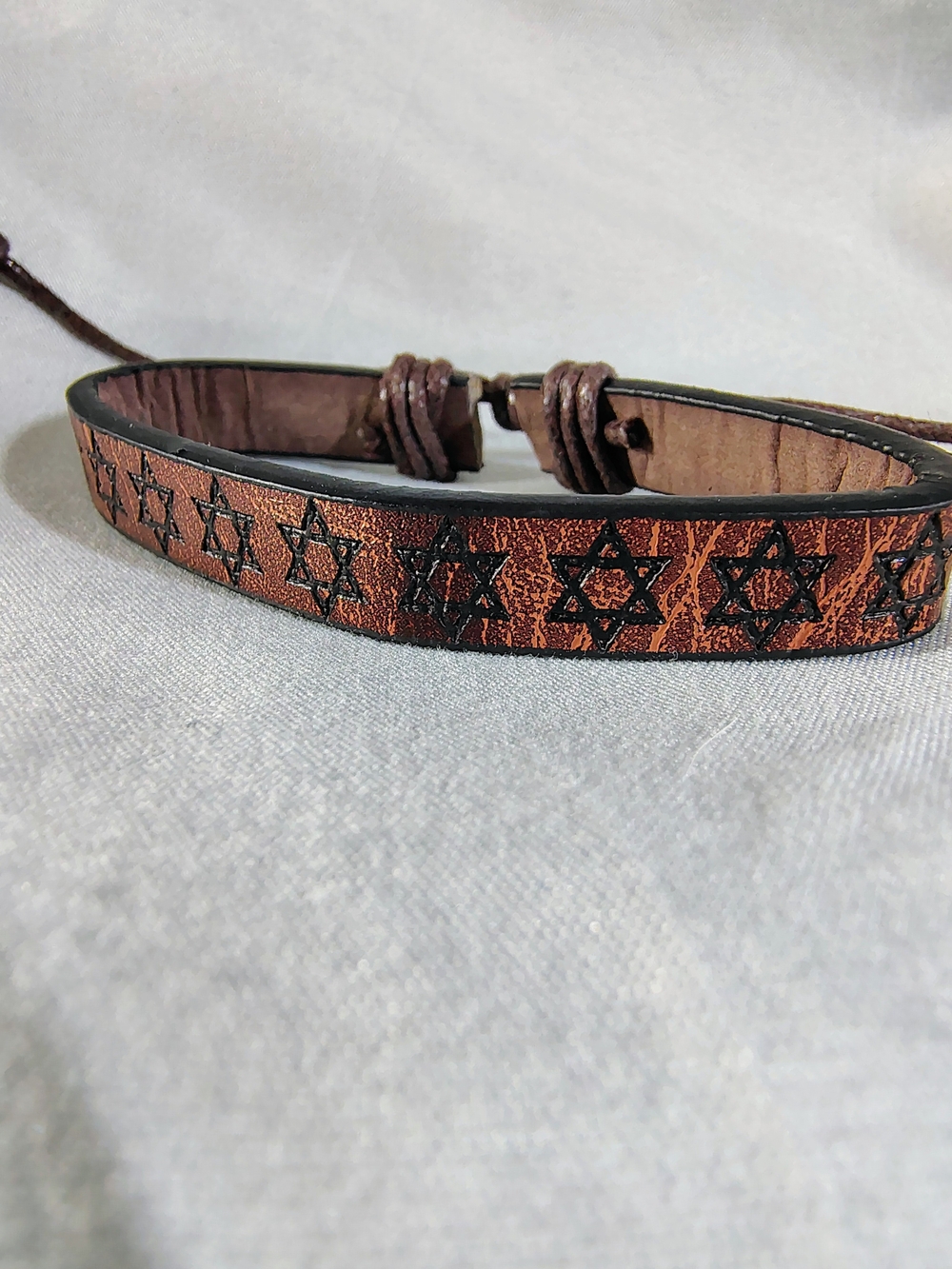 Handcrafted Brown Faux Leather Adjustable Bracelet Star Of David Jewish Boho
